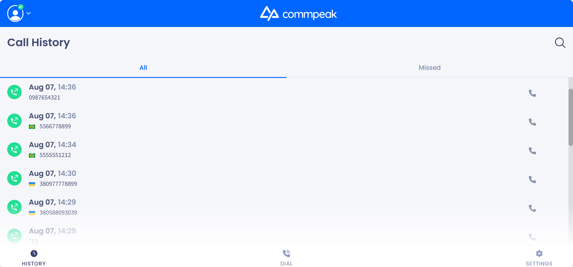 Screenshot of the Call History tab
