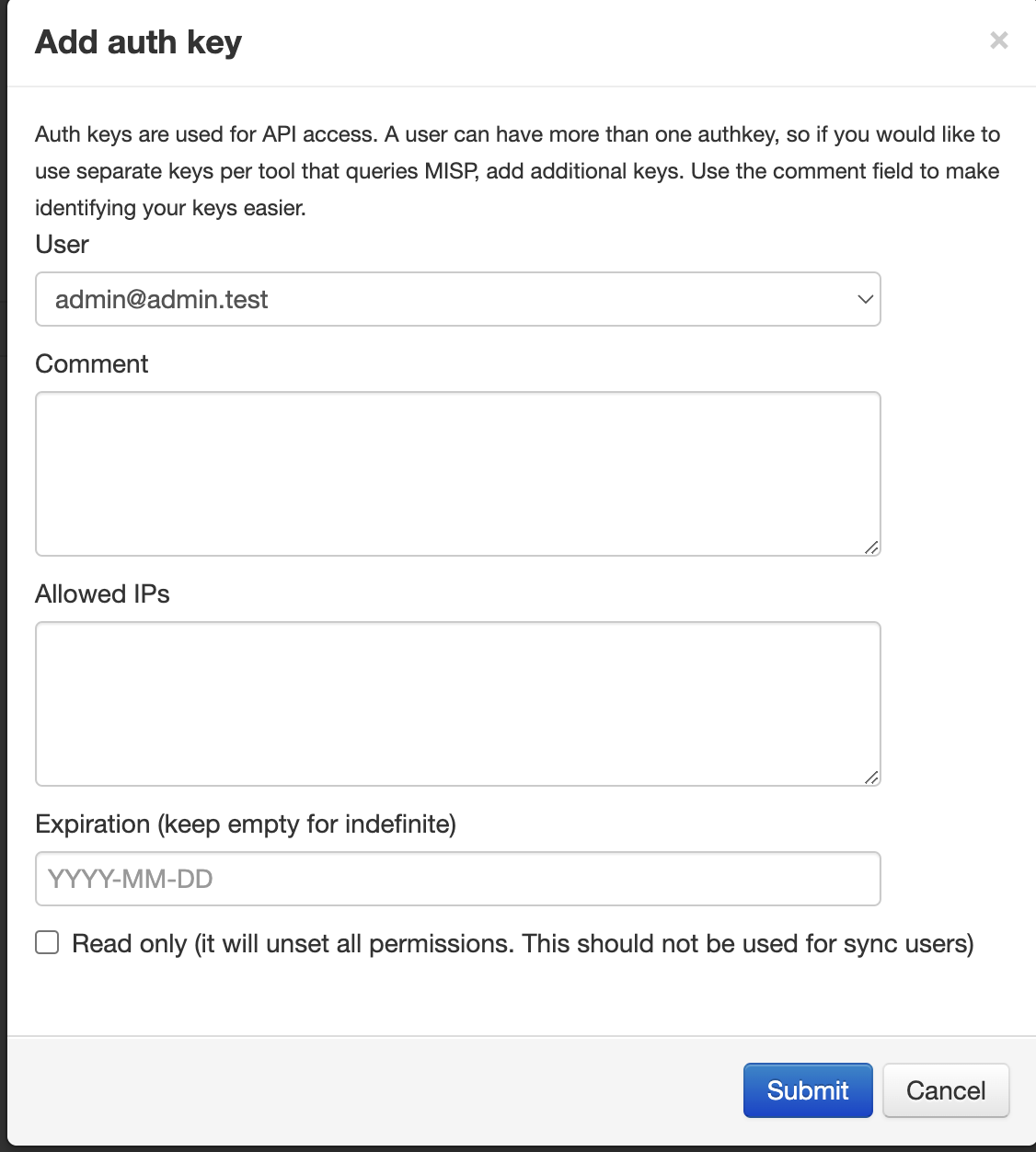 FIG. 4 - Configuring the Auth Key parameters in MISP