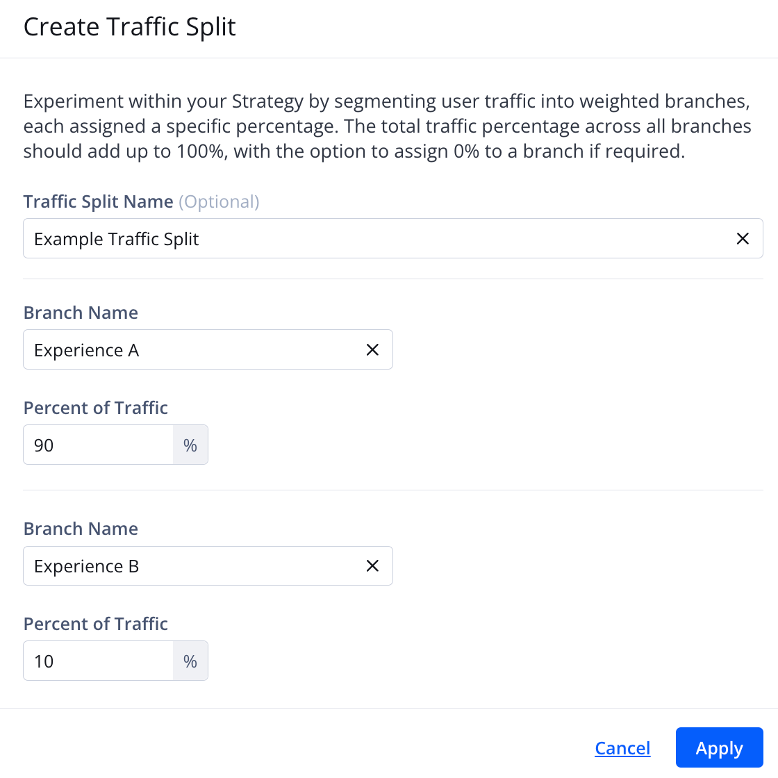 Create Traffic Split panel