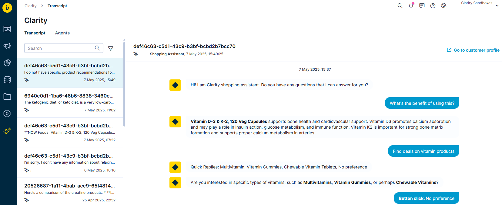 The transcript sub-section that shows all chat records between shopper and Clarity agents.