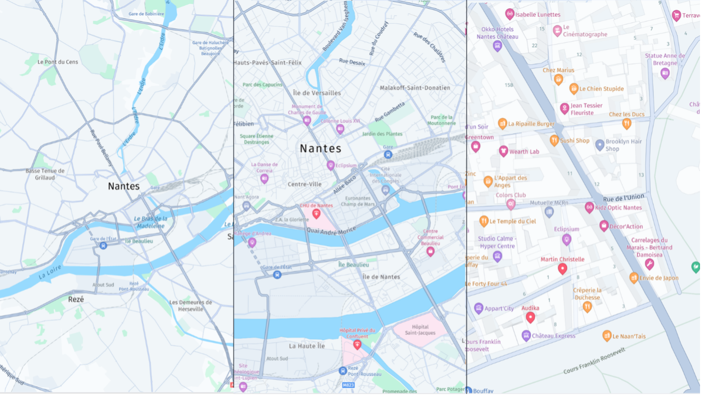 Map revealing relevant information at appropriate zoom levels