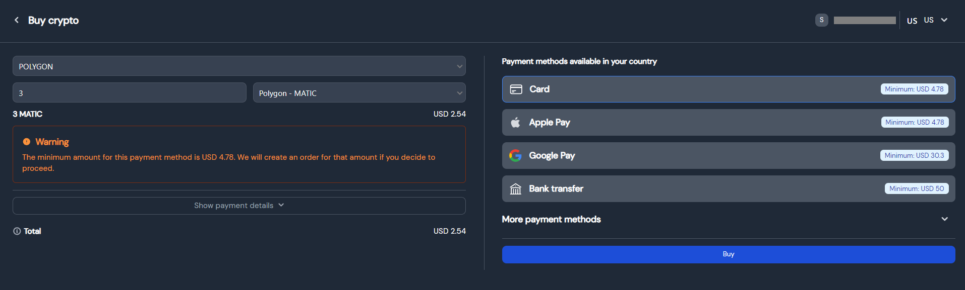 In order to proceed, SphereOne will create an order for the minimum amount for that specific payment.