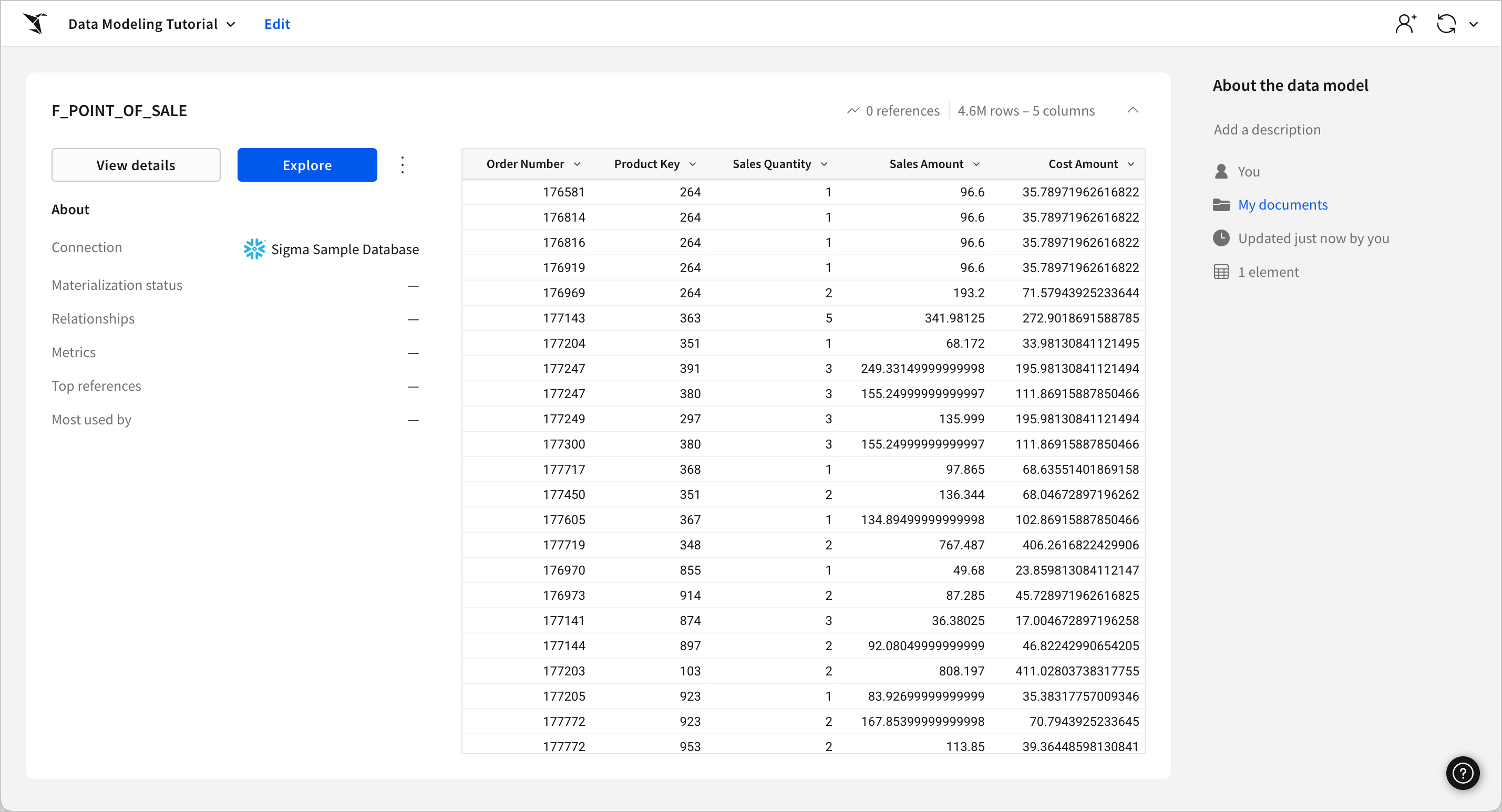 The data model overview page showing the published version of the tutorial data model, which is composed of the F_POINT_OF_SALE table, a fact table containing sales data with which to flatten a dimensional model for data analysis.