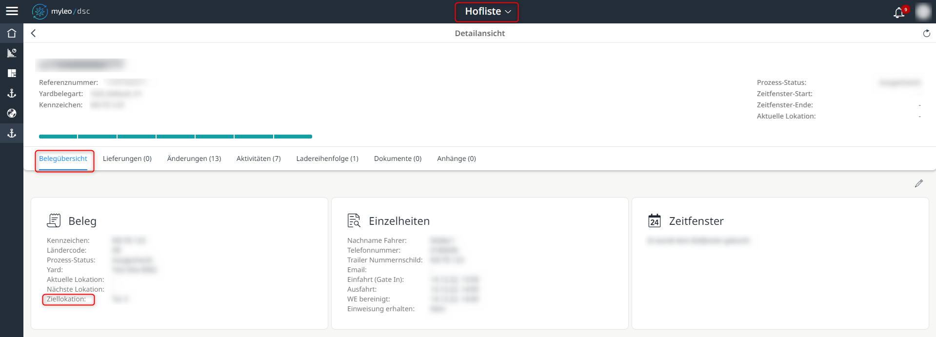 Ziellokation innerhalb der Belegübersicht