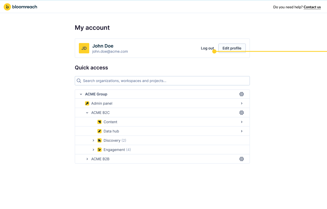 User account navigation menu showing multiple Bloomreach products with workspace options including Engagement projects, Discovery accounts, Data hub instances