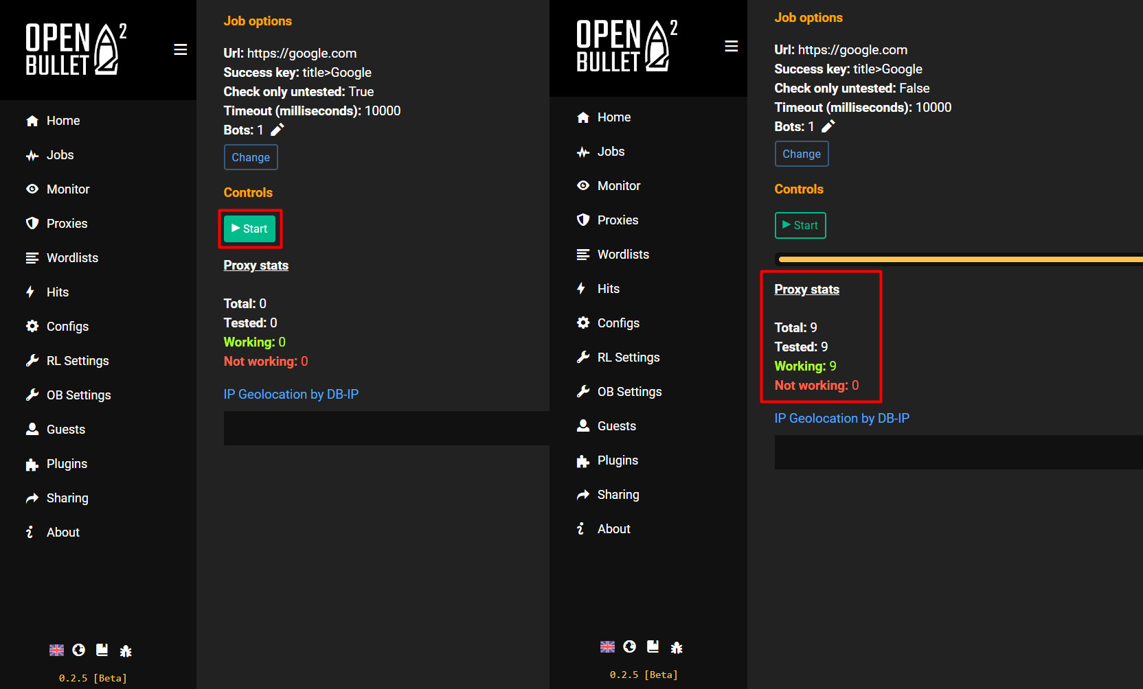 OpenBullet2 - Start the Job and see if the proxies are working