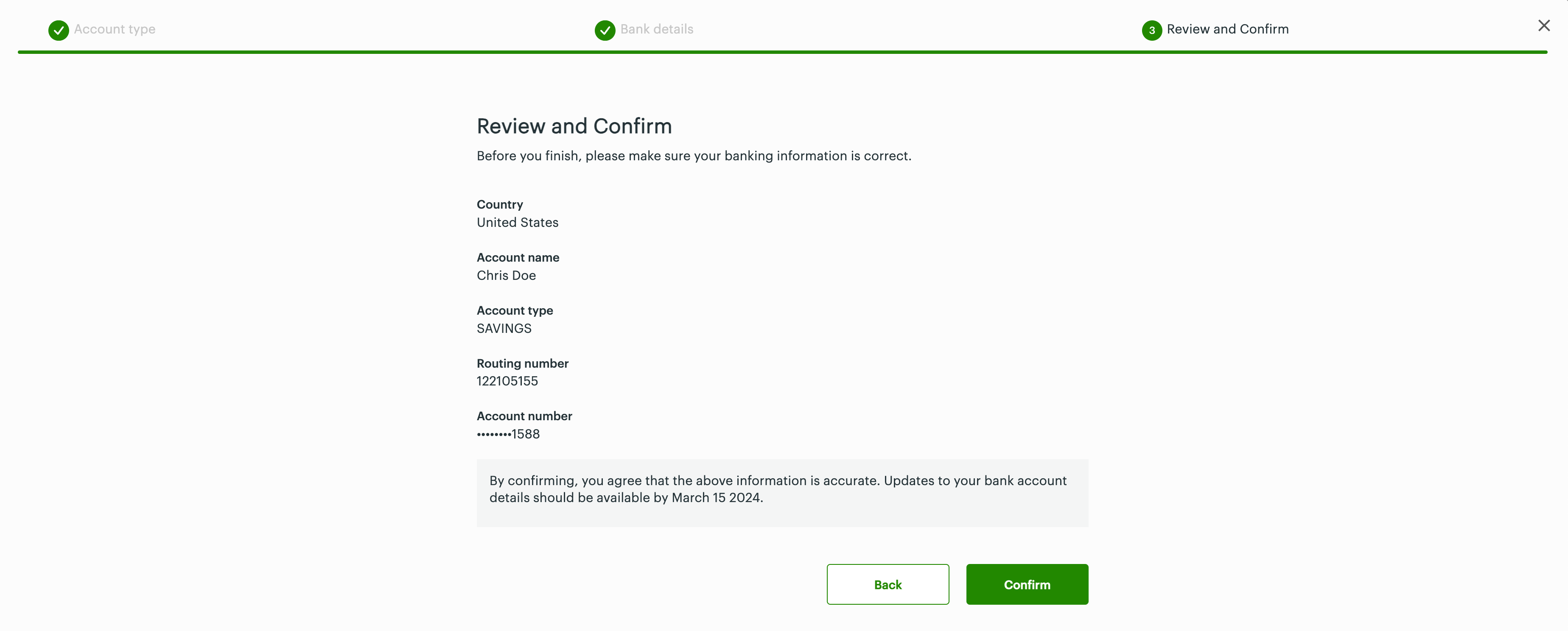 Review and confirm: US and Canada routing number