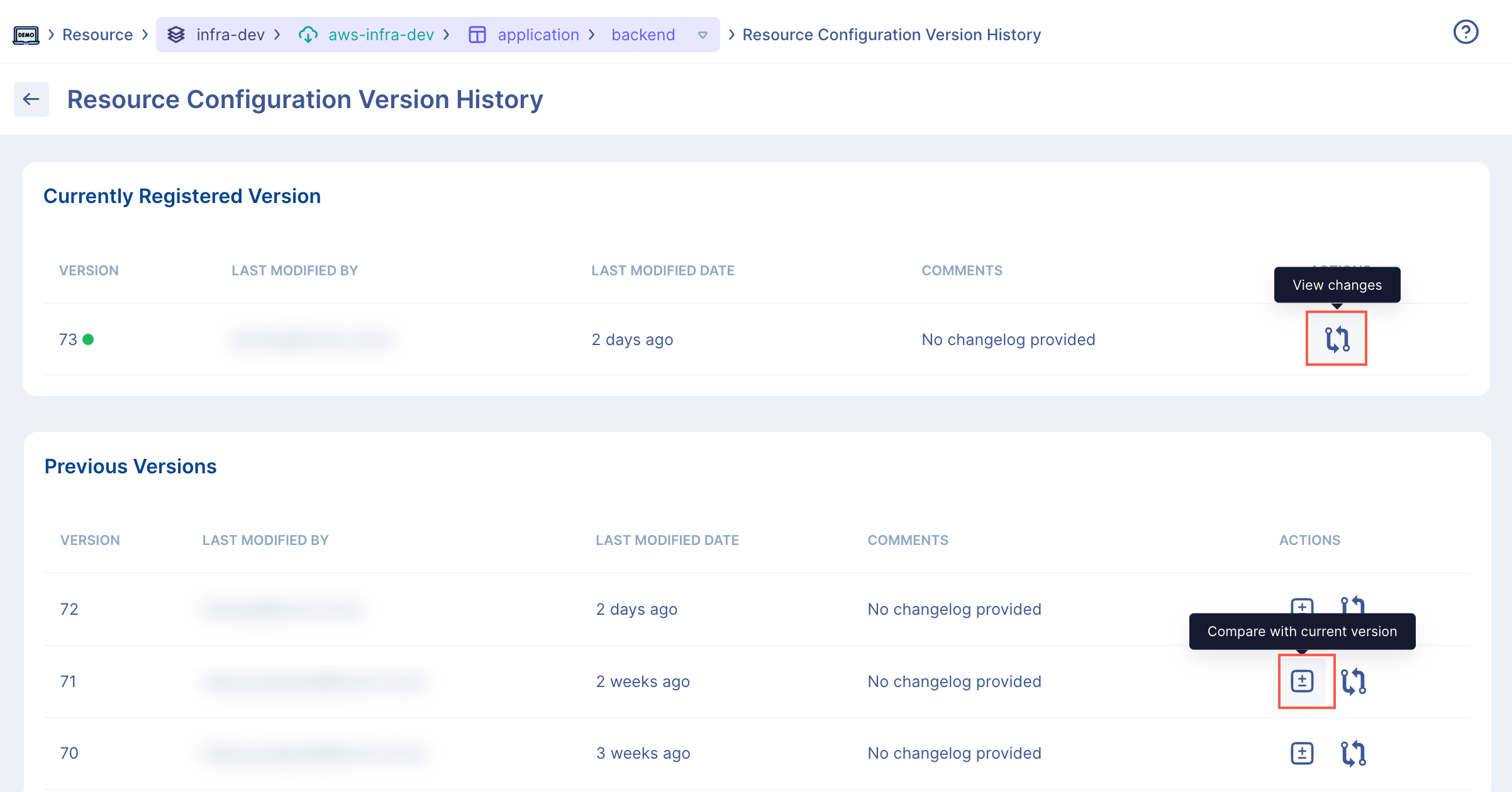 Resource Configuration Version History Screen