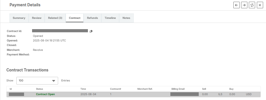 Screenshot of the Payment Details' Contract tab