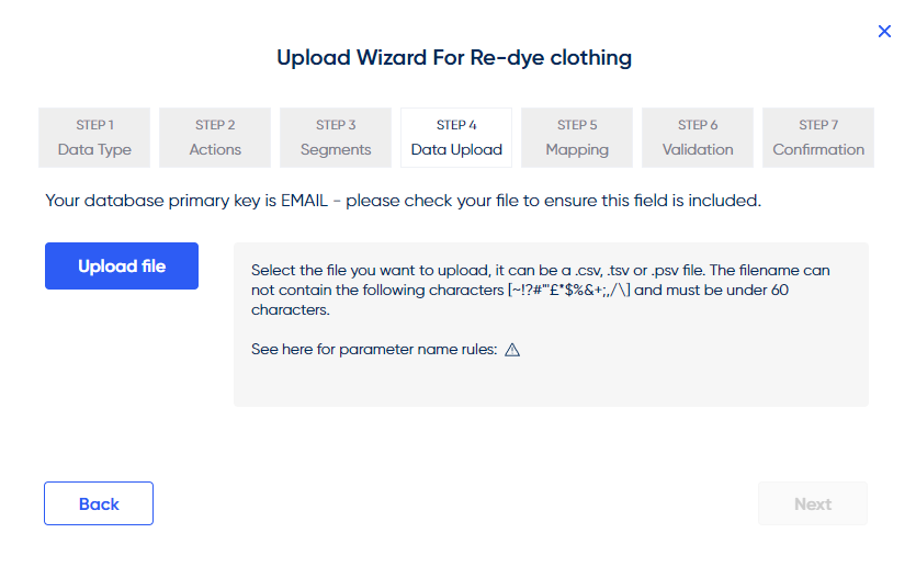 You’ll then be asked to locate and upload your file. **As a bare minimum, it must contain a column of email addresses headed with ‘Email’.**