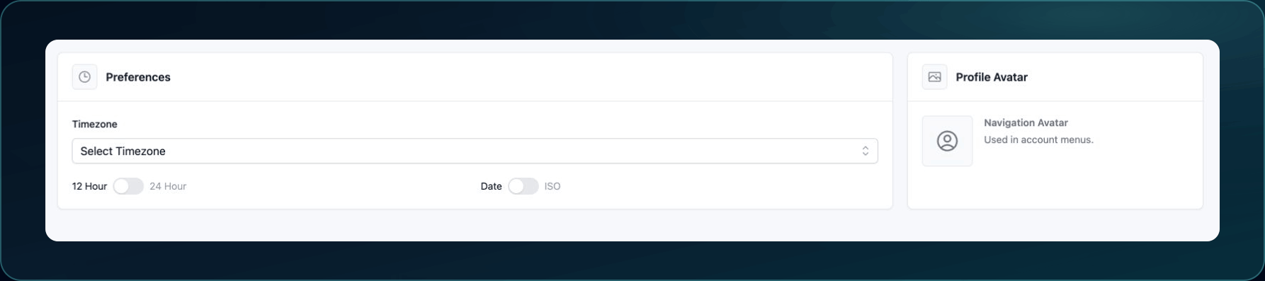 Personal General settings showing Timezone, time and date formats, and the Profile Avatar upload control.