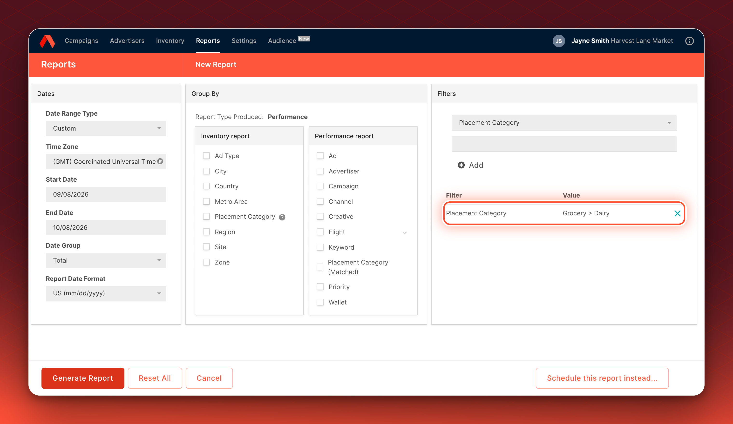 The report builder's Filters panel with a Placement Category filter on the value Grocery > Dairy.