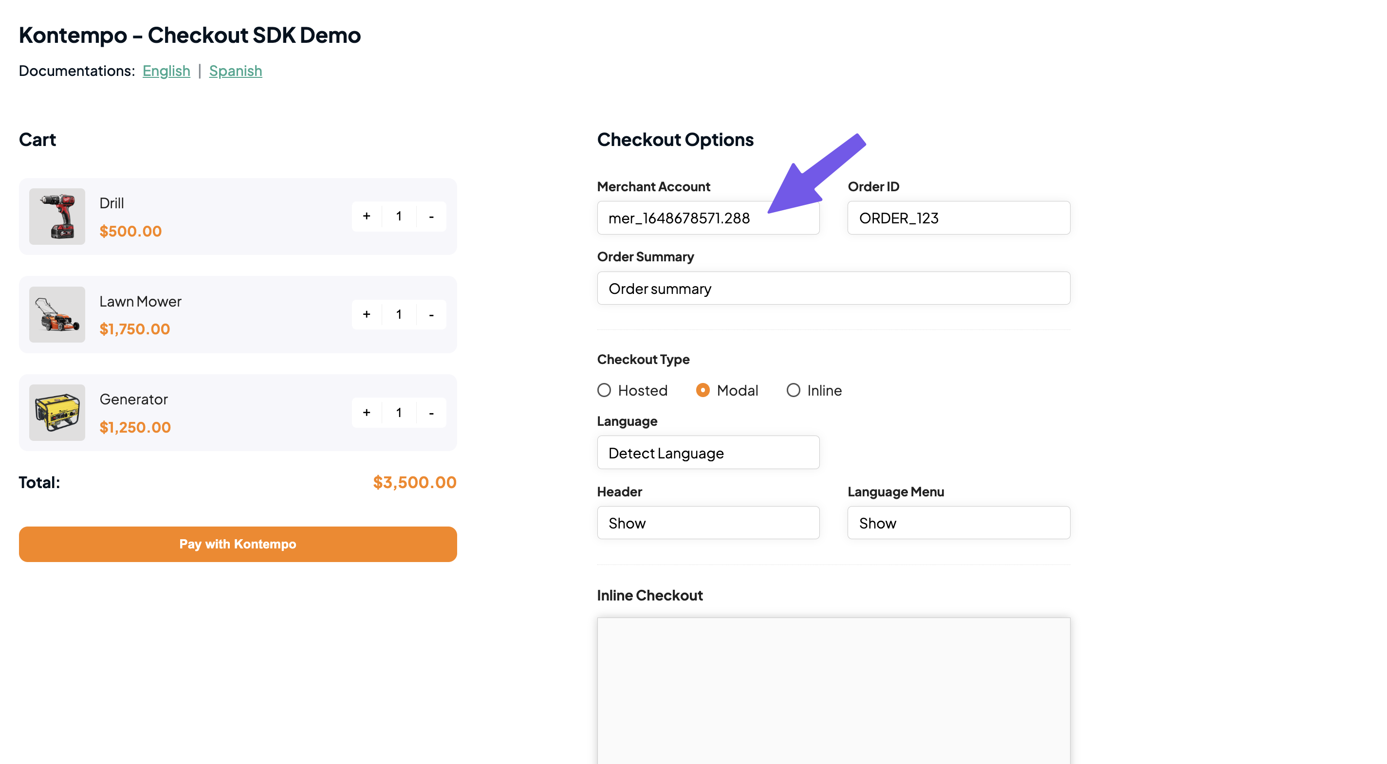 Copy and paste your Merchant Account ID in the demo page