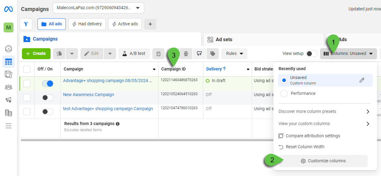 Click on Customize columns from the Columns dropdown menu to add the Campaign ID column on the Campaign