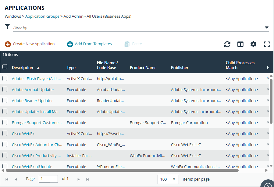 A list of application templates