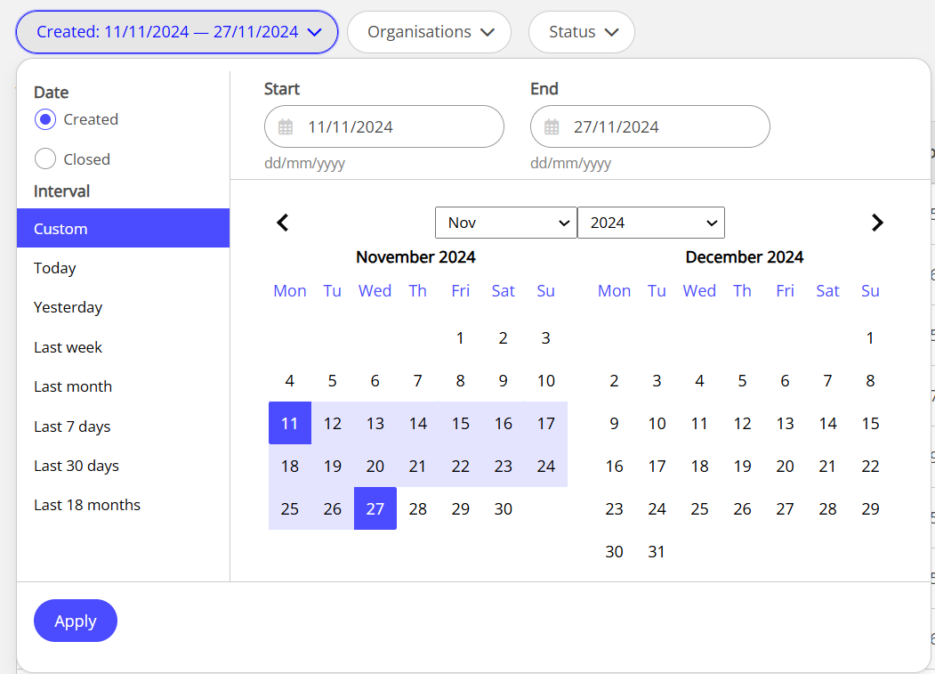 Date range filter