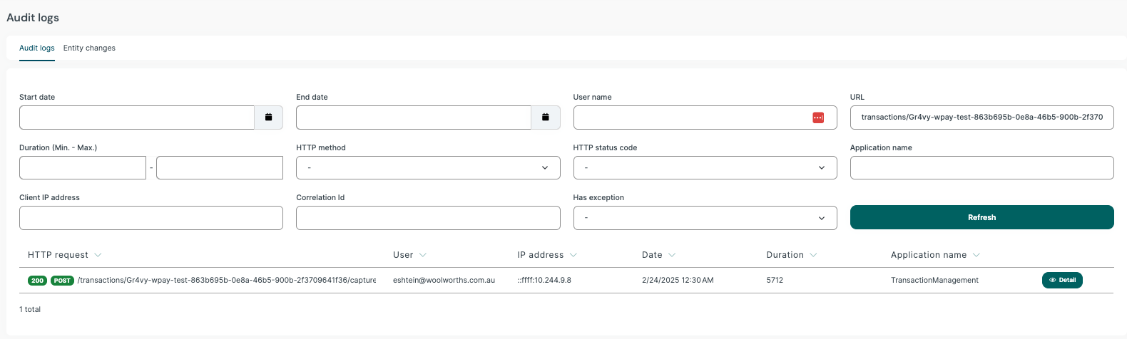 An example of a specific payment transaction search to obtain the audit log