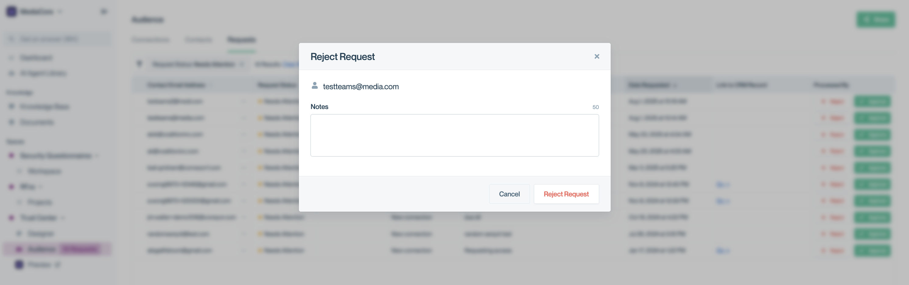 Request rejection modal in Conveyor with internal notes field.