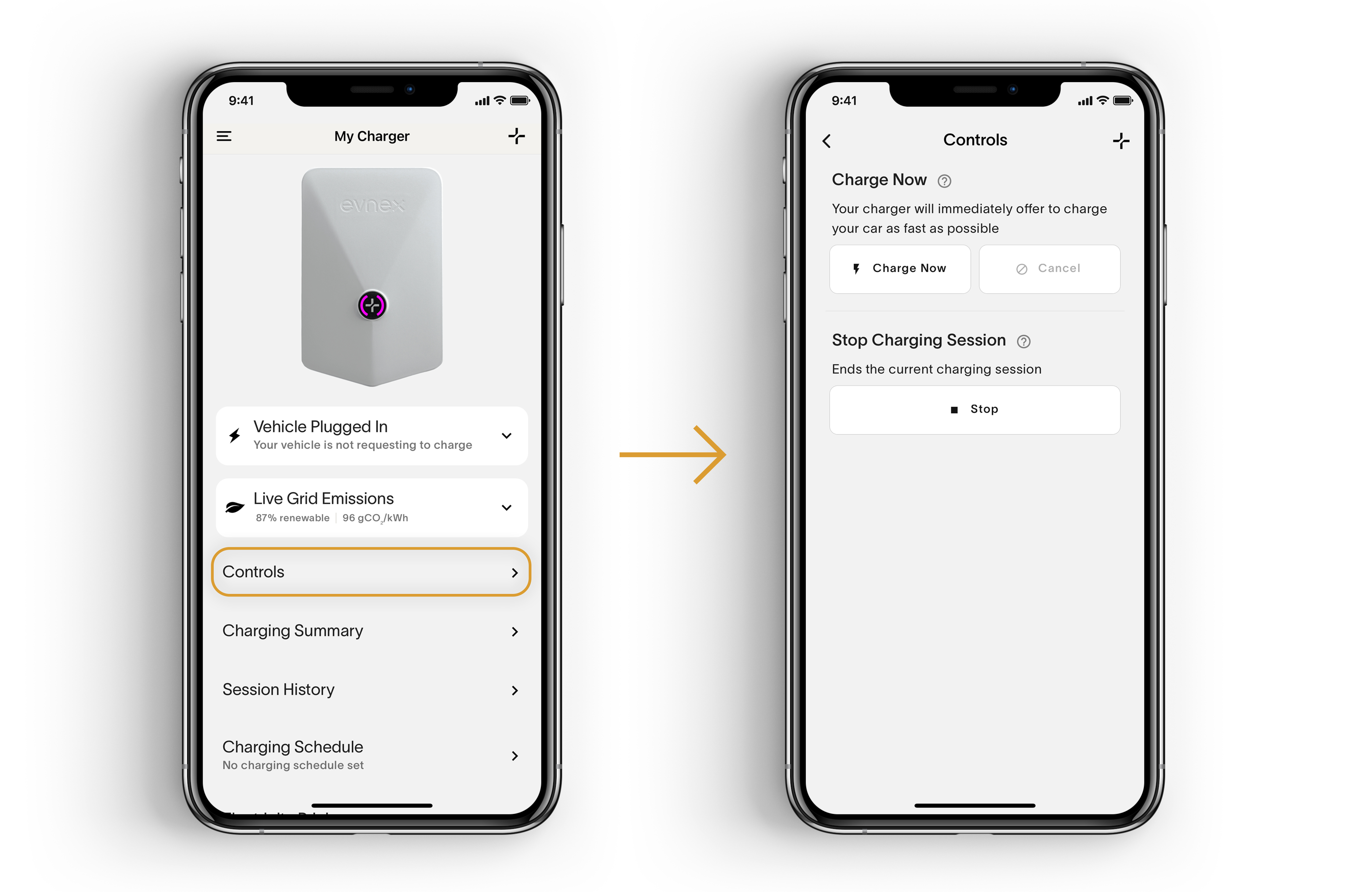 Follow the steps above to start or stop a charge. Navigate to the "Controls" tab located on the "Charger" page.