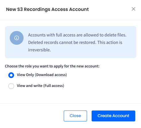 Screenshot of creating an account for accessing recordings