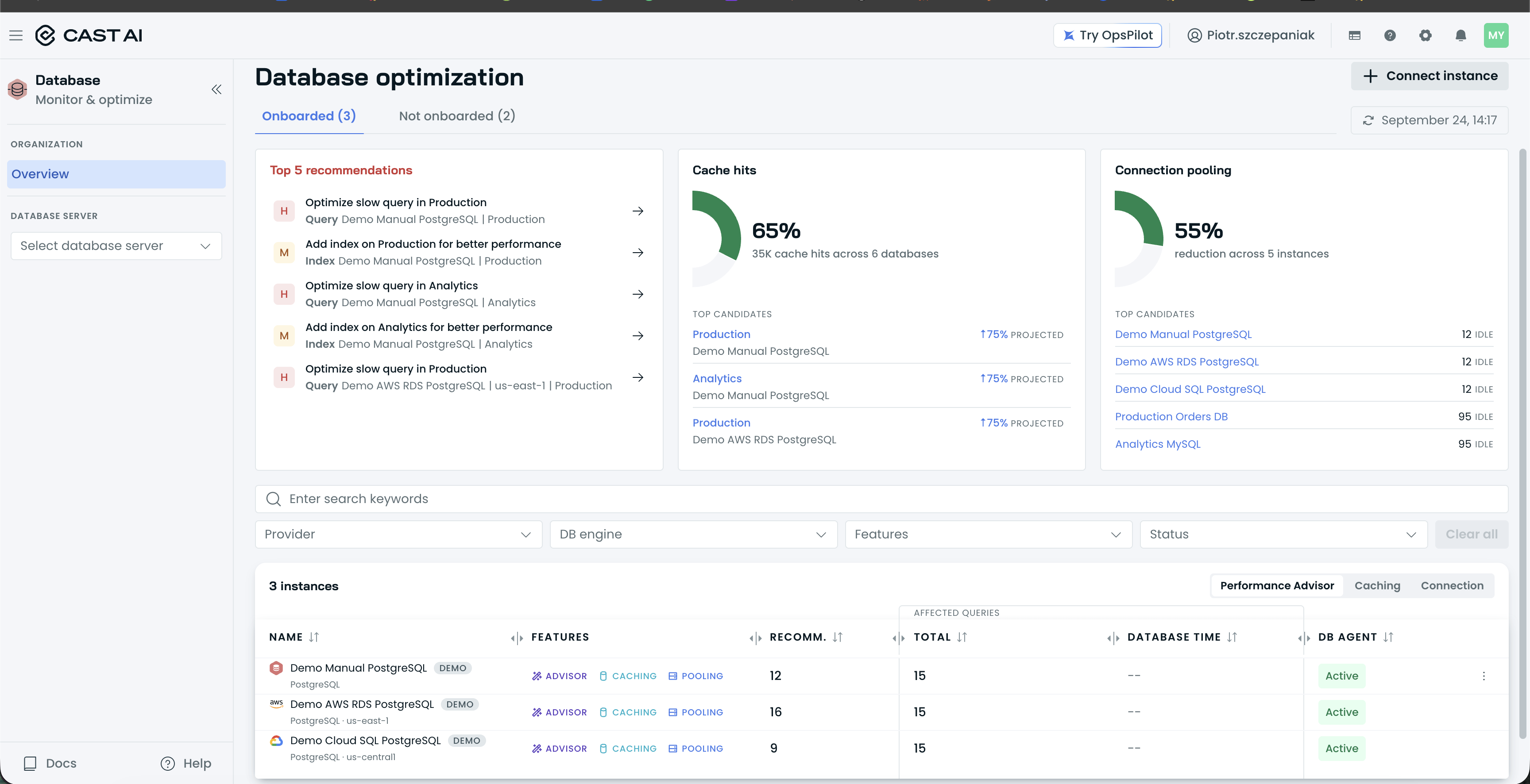 Organization Overview page with the Onboarded and Not onboarded tabs, the Top 5 recommendations, Cache hits, and Connection pooling cards, and the instances table