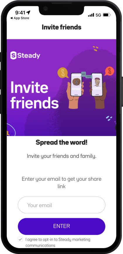 iPhone screen displaying the advocate share experience for the company Steady