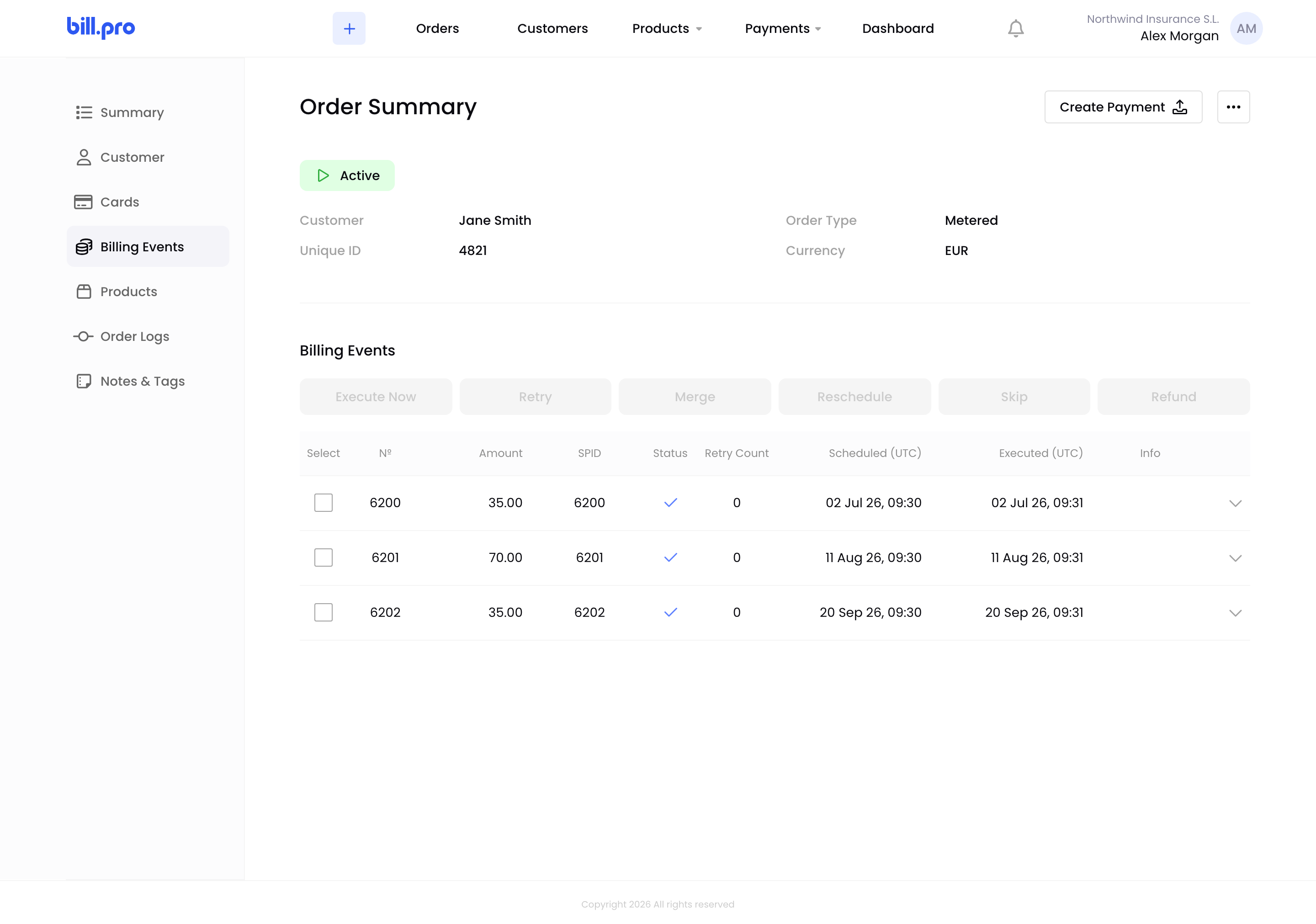 The Billing Events tab of a metered order with three payments
