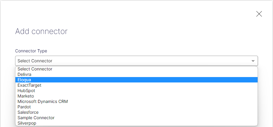 Screenshot of the Add connector view where selecting a marketing automation connector type