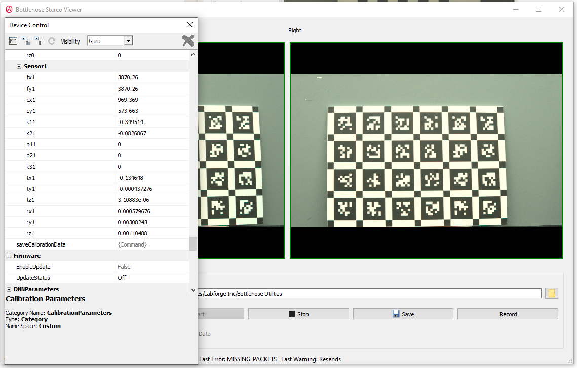 A screenshot of the eBusPlayer showing the Bottlenose calibration parameters with the `saveCalibrationData` button. 