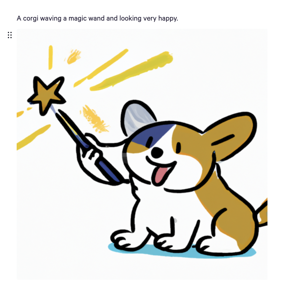 AI-generated image of corgi waving magic wand and looking very happy