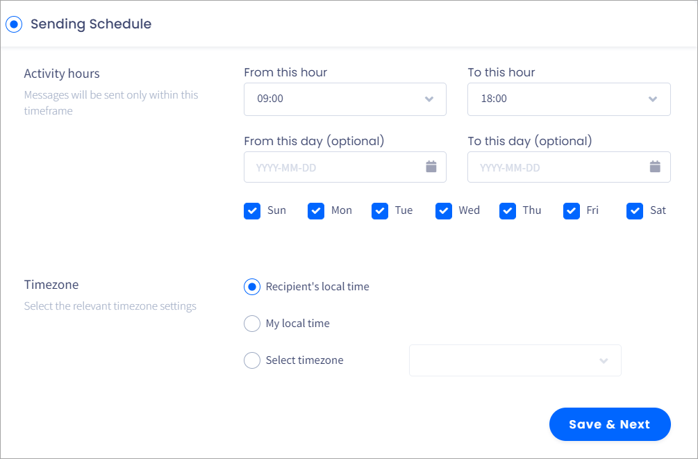 Screenshot of the Sending Schedule options