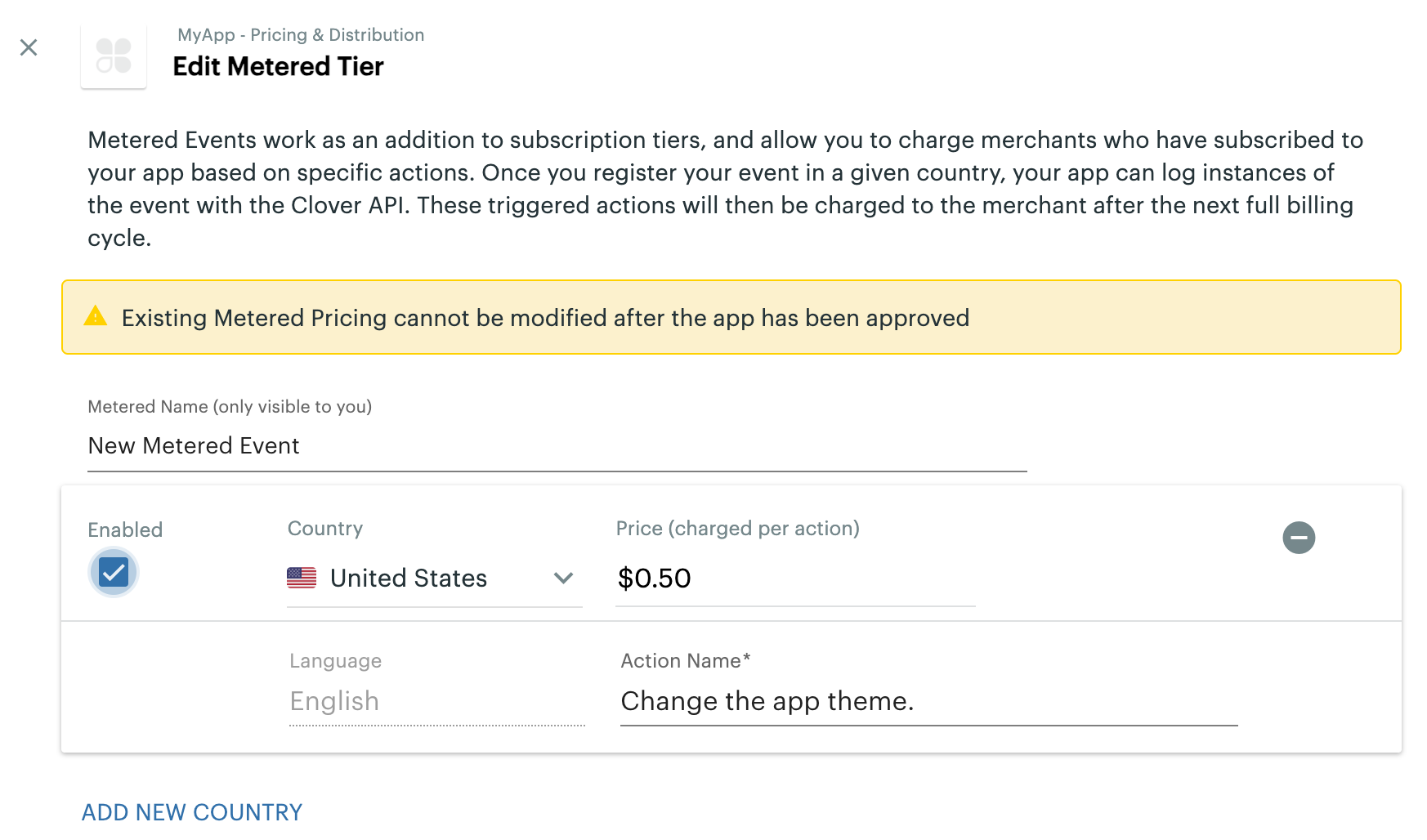 Edit Metered Tier pop-up with new metered event and country added