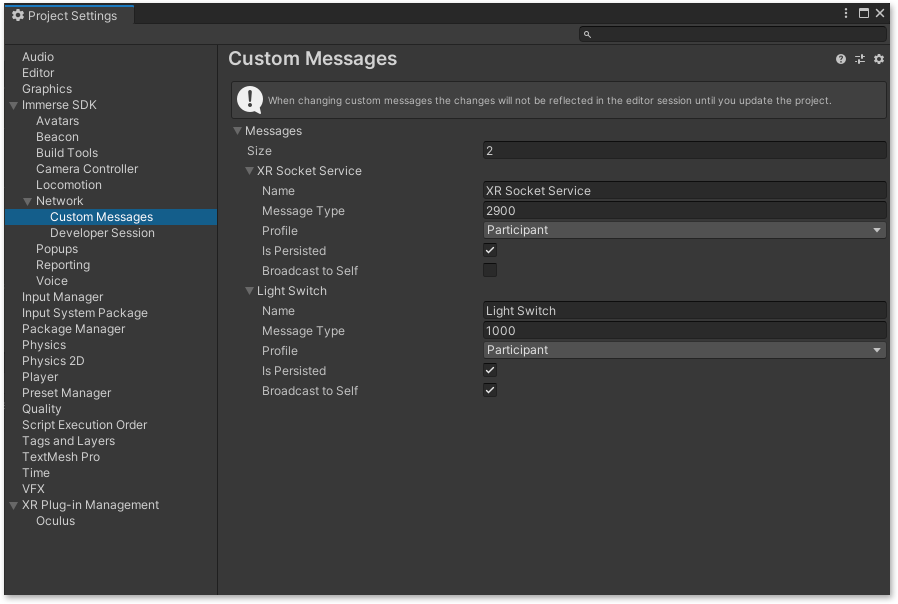 Custom Messages defined in the Unity Editor, in the Immerse SDK