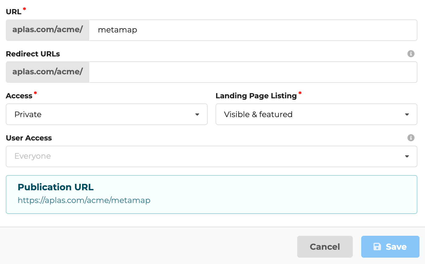 Publication settings screen, allowing access to everyone and including in a featured location on the `acme` landing page