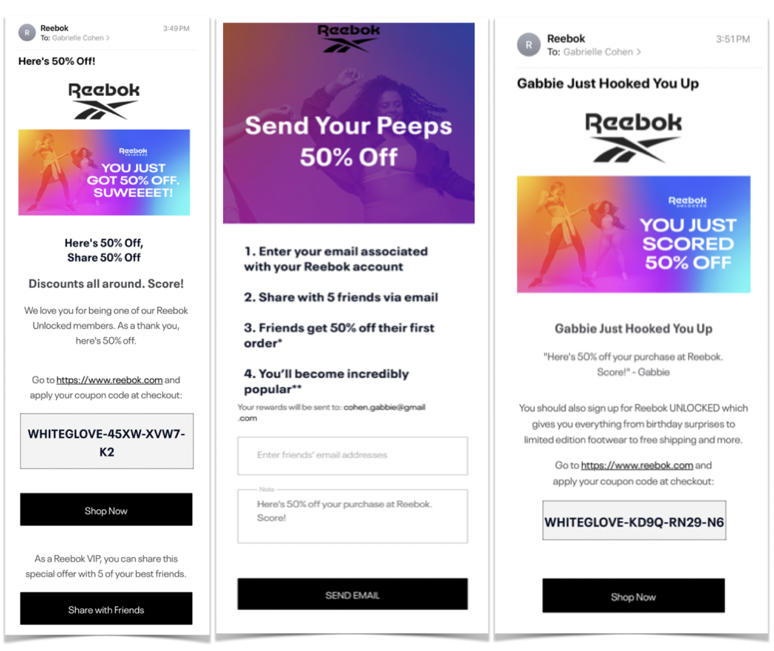 Three panels displaying web and email experiences for Reebok's Friends and Family program