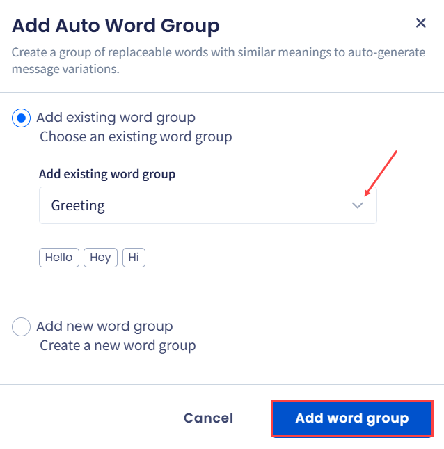 Screenshot of adding existing word group