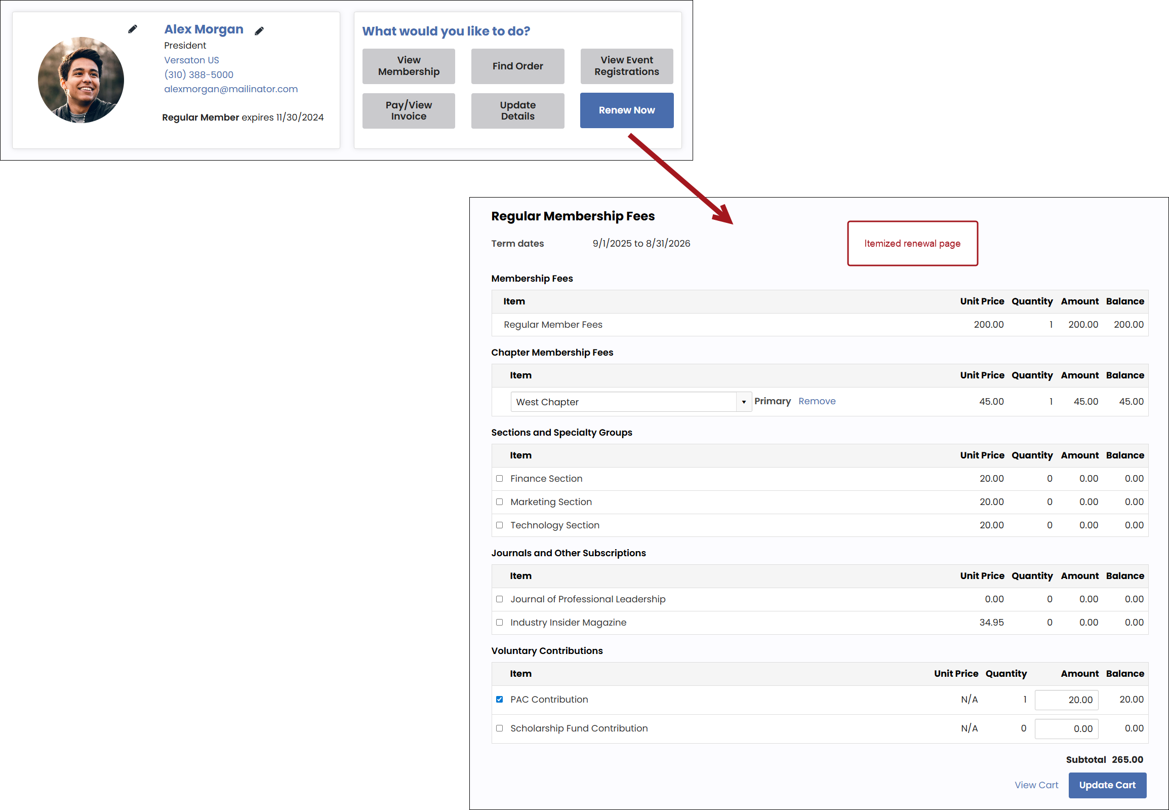 Clicking renew now takes user to itemized renewal page