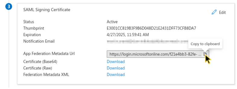 SAML Signing Certificate panel showing App Federation Metadata URL.