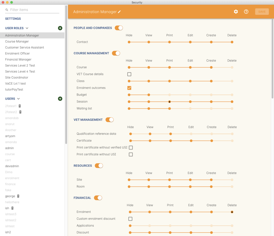 Figure 39. Access rights can be set individually for each user role