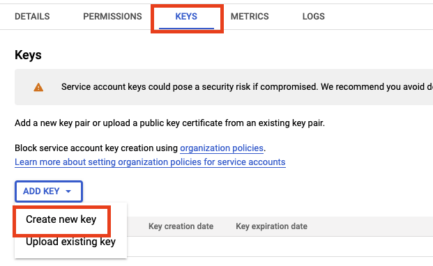 Creating a new Service Account Key
