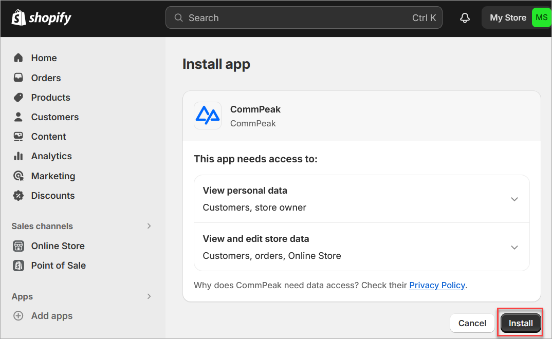 Screenshot of the screen with installing CommPeak with the **Install** button