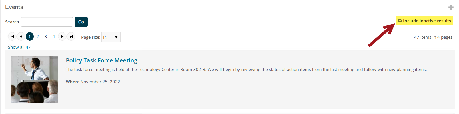A highlight shows the Include inactive results checkbox.