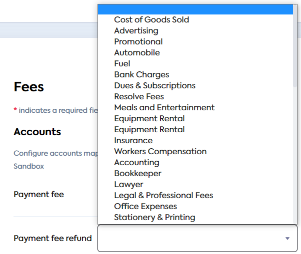 A dropdown list displaying nominal accounts that can be used to map **Payment fee refunds** (click to expand).