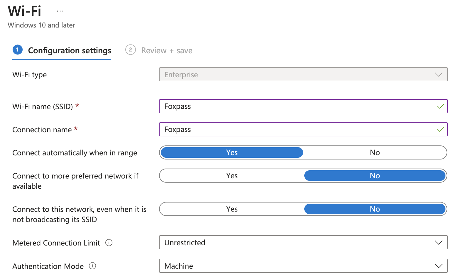 Wi-Fi Settings for Device certificate