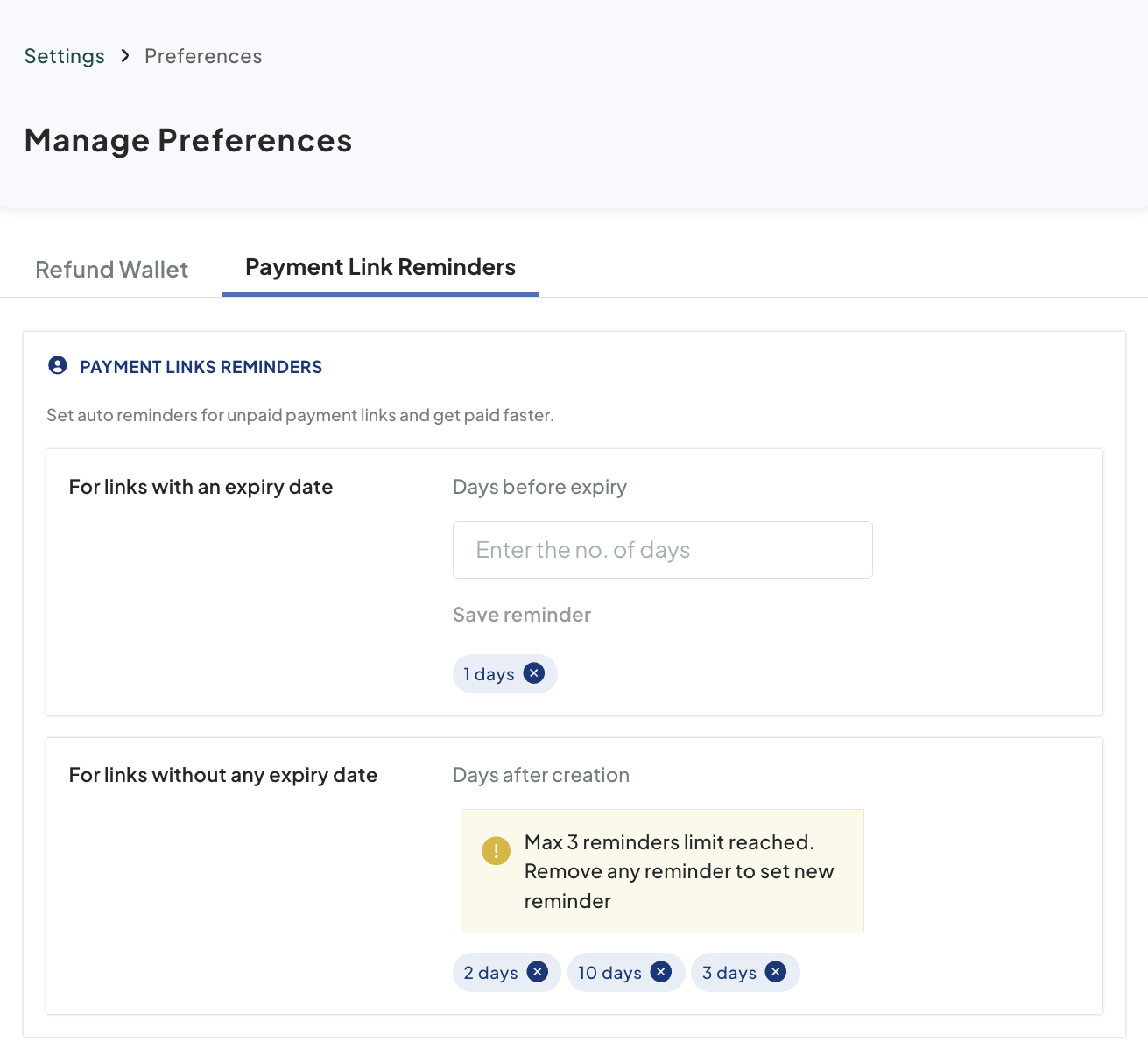 Refund Wallets Payment Link Reminders Configuration