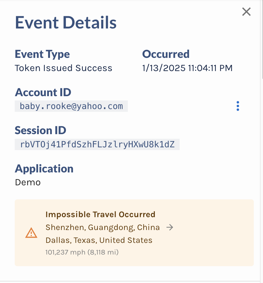 Impossible Travel alert specifies the last known and current location of a user, and the impossible speed they would have to travel between the two locations