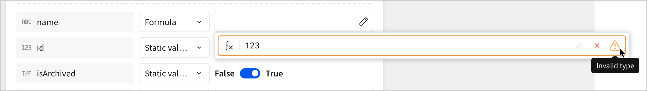 An example Call API action configured with a formula value of 123 on a dynamic value with the type String, showing an Invalid type error