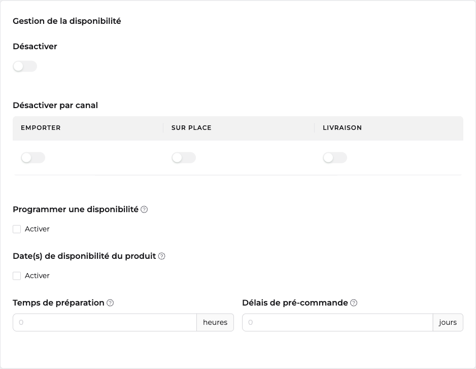 Section Gestion de la disponibilité dans les paramètres avancés d'un produit