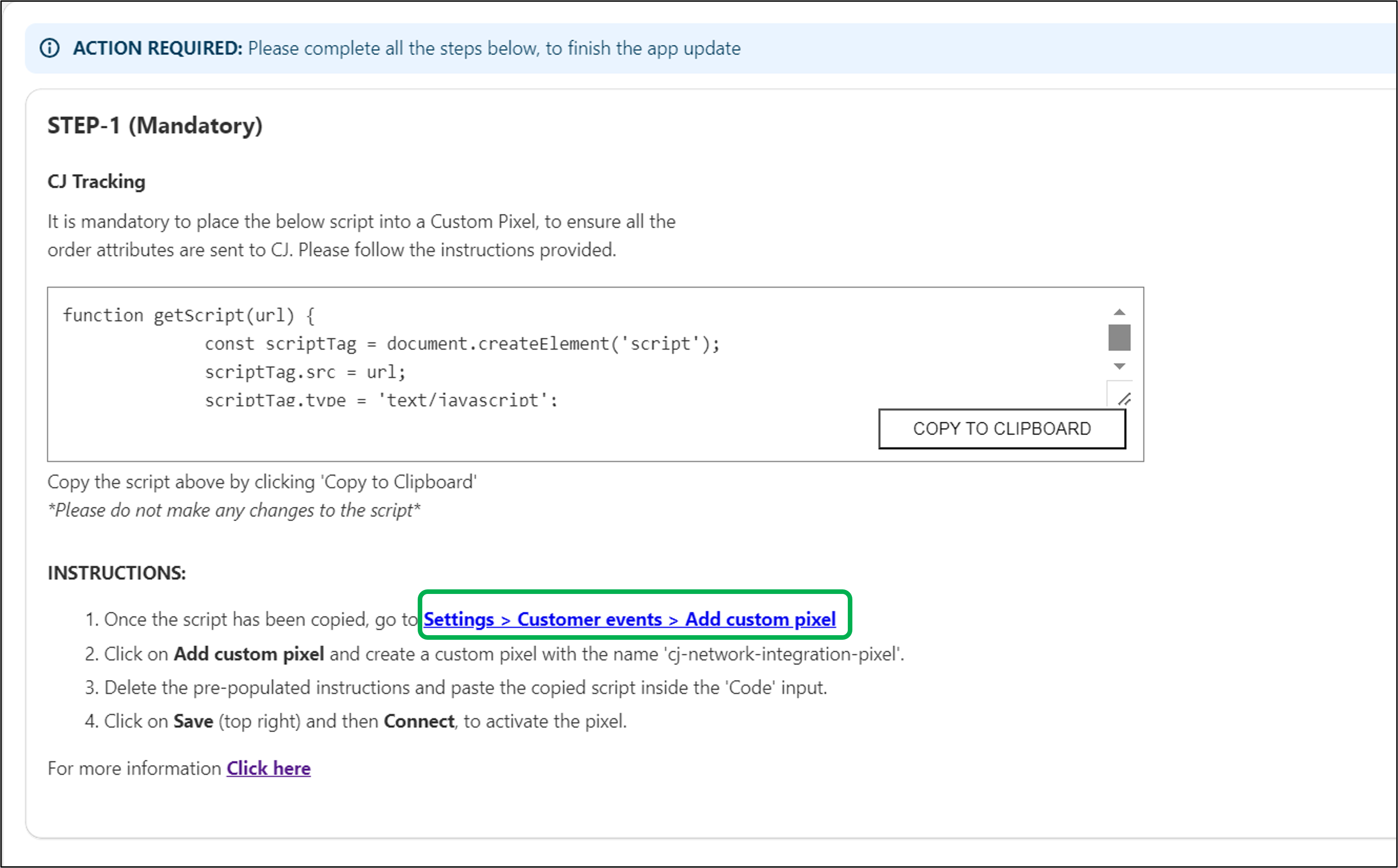 Step 1 CJ Tracking code snippet and navigation link