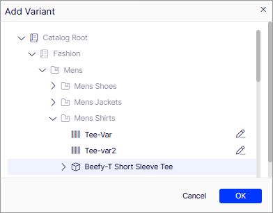Screenshot of the Add Variant window in Optimizely Commerce Connect showing catalog content for variant configuration.